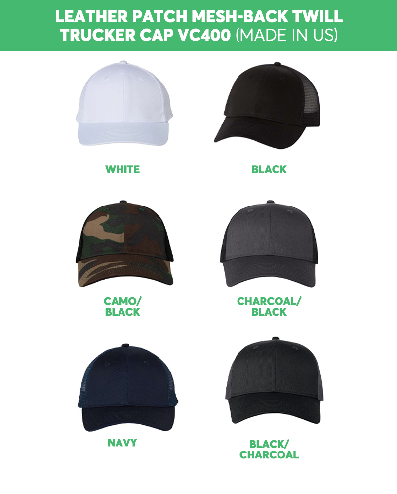 Engraved Leather Patch Mesh-Back Twill Trucker Cap VC400 (Made in US)