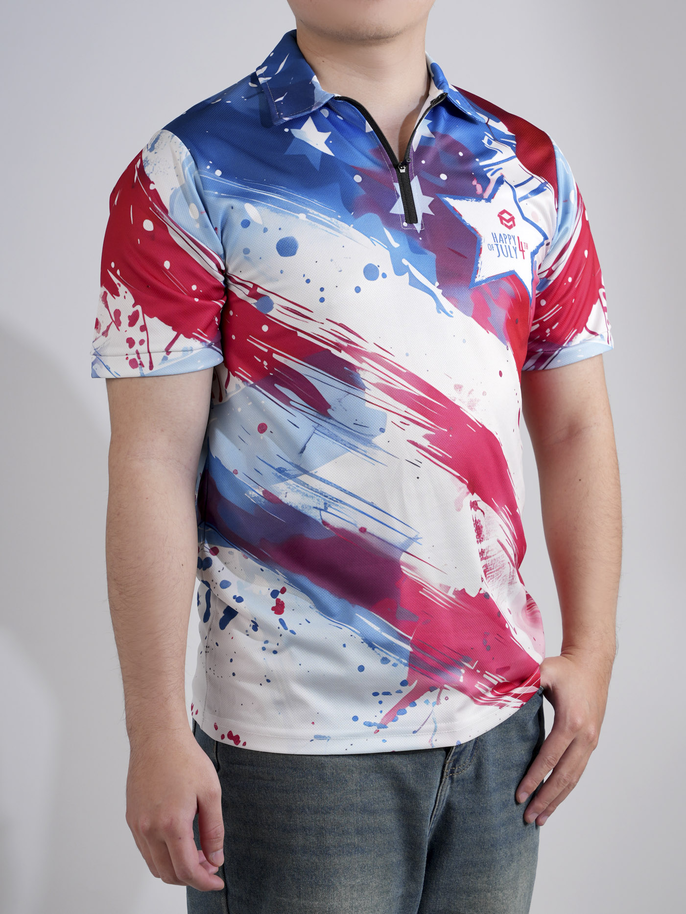 All-over Print Zip Polo Shirt (Lightweight)